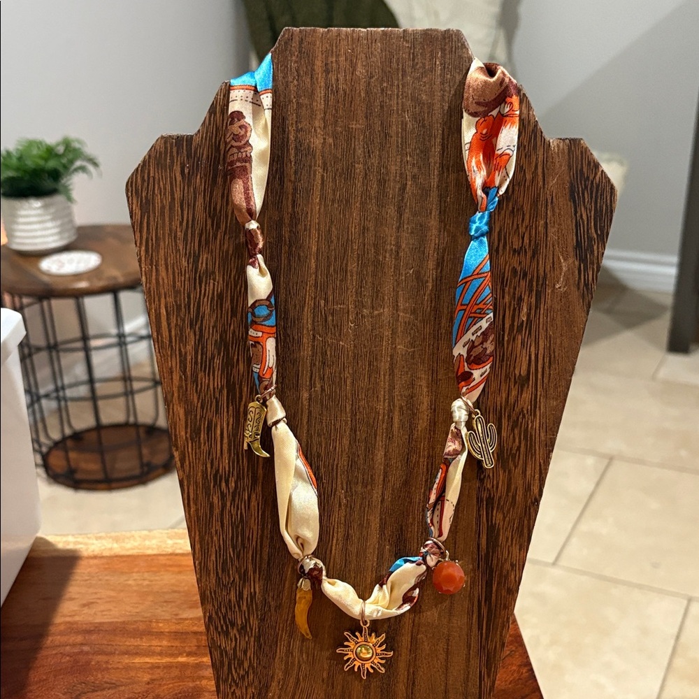 Sunset-Handmade Colorful Silky Scarf tie on Necklace with Charms